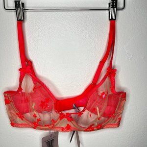 Savage X Fenty Women Bra 38C Rihanna Neon Pink/Orange Sheer Mesh Embroidered NWT